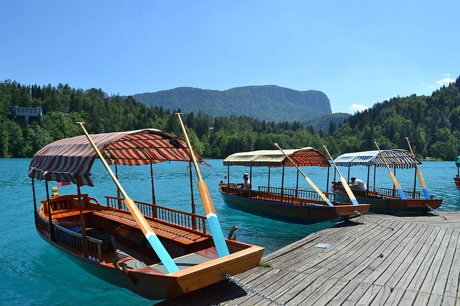 three, brown, wooden, boats, body, water, mountain range, august, bled, ladder