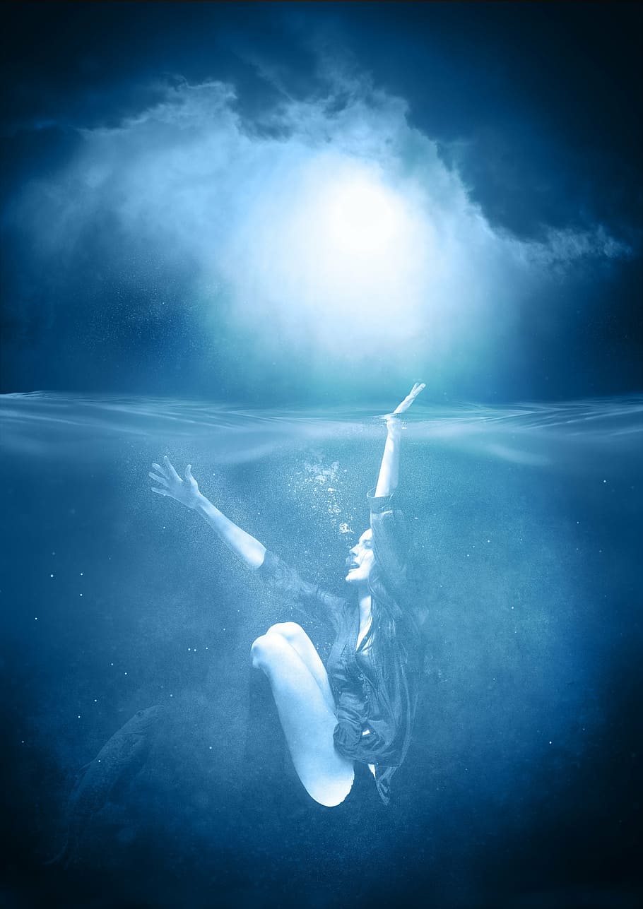 woman, water, white, clouds illustration, female, sea, nature, mood, swim, young woman