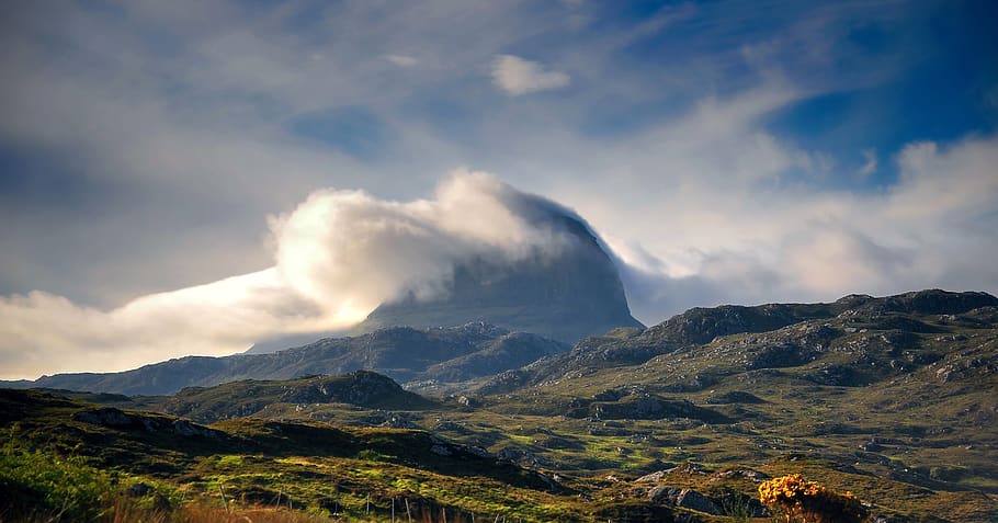 suilven, mountain, clouds, scotland, rock, peak, landscape, wilderness, grass, sutherland