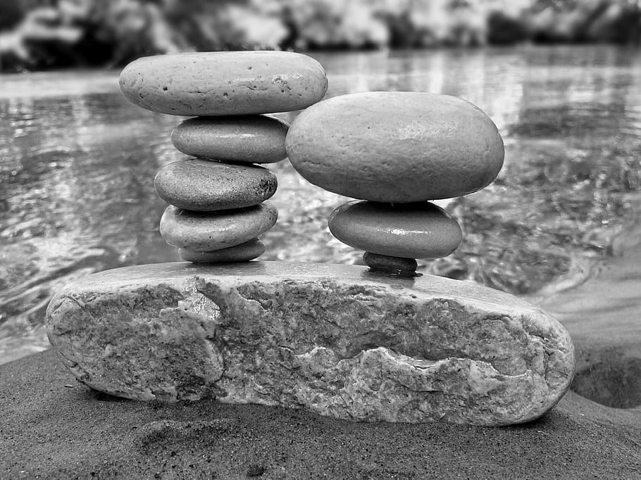 grayscale photo, stones, stacked, top, rock, balance, zen, nature, tranquil, solid
