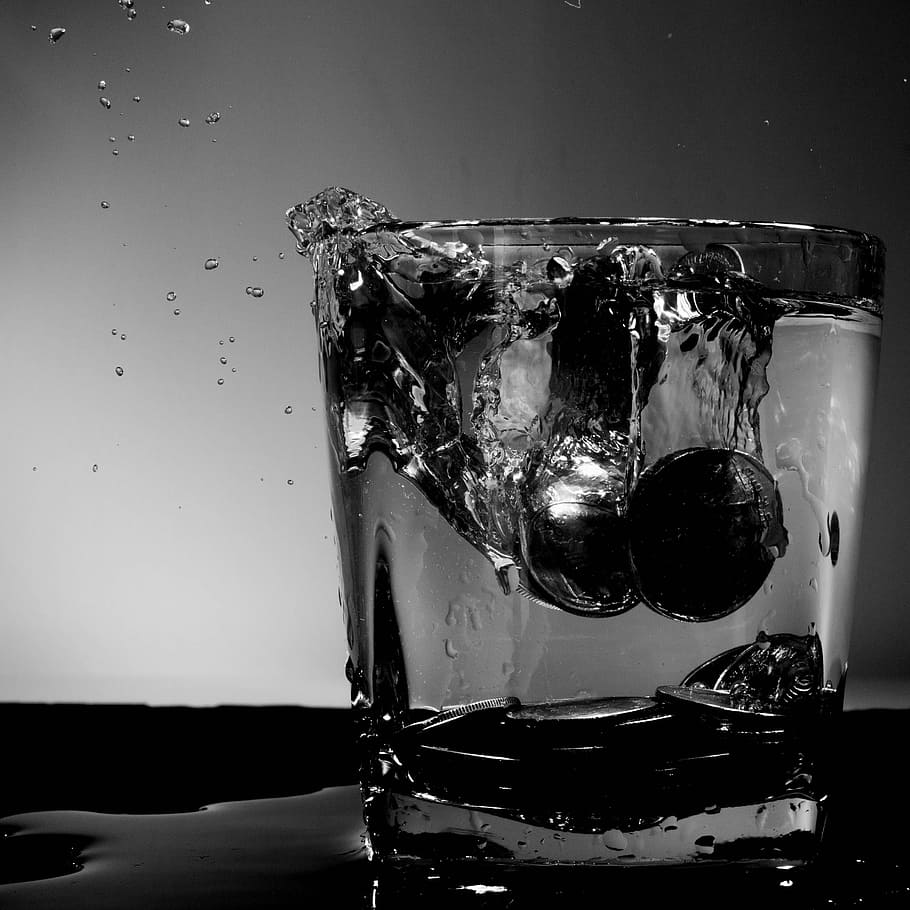 coins, monochrome, water, luxury, money, whisky tumbler, water splash, square, indoors, close-up