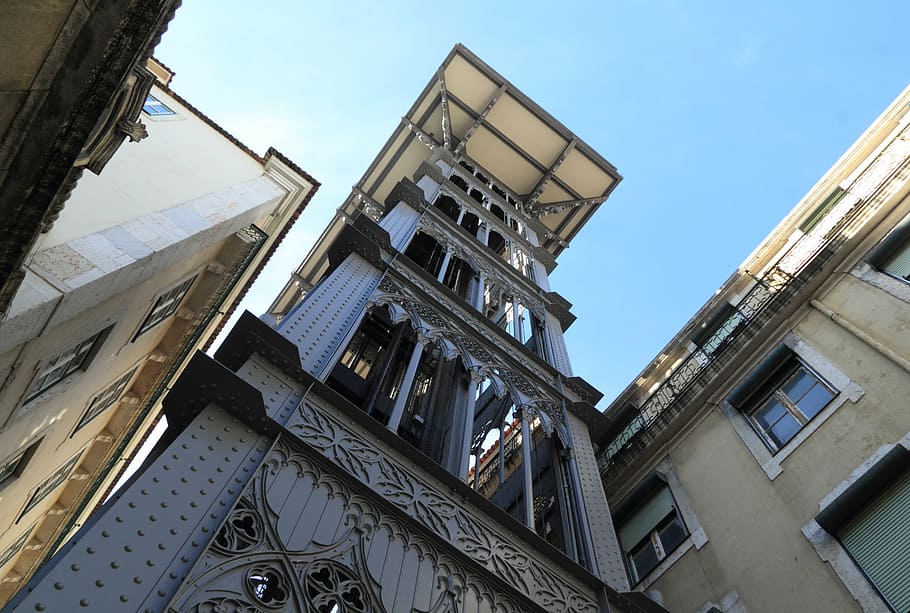 portugal, lisbon, pedestrian, elevator, elevador de santa justa, 1902, lift, architecture, built structure, building exterior