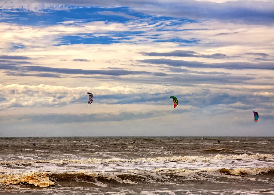 kitesurfer, kitesurfing, naga, olahraga, laut, laut utara, matahari terbenam, air, langit, olahraga air