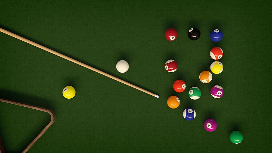 photograph, billiard balls, pile, cue, stick, billiards, balls, table, cloth, play