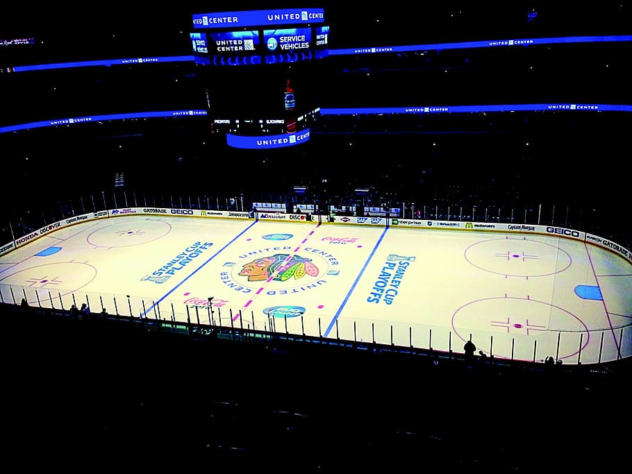 white, blue, ice hockey field, blackhawks, chicago, united center, hockey, nhl, sport, high angle view