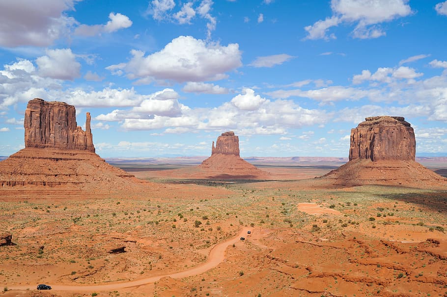 rock formation, cloudy, blue, sky, blue sky, monument, valley, west, western, sand