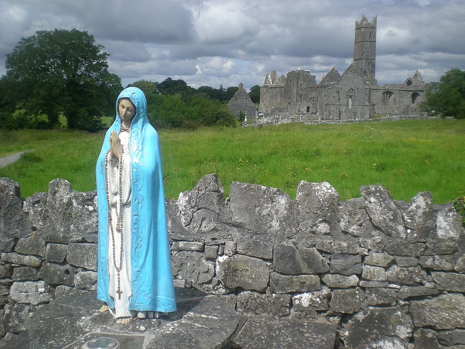 virgin, mary statue, gray, concrete, building, madonna, maria, church, ireland, stones