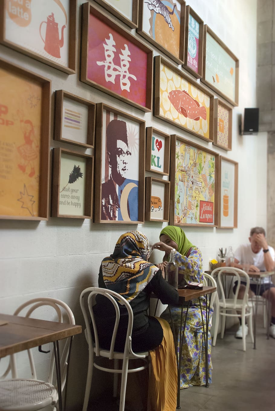 coffee shop, scarf, muslim, discussion, kuala lumpur, colorful, indoors, table, chair, seat