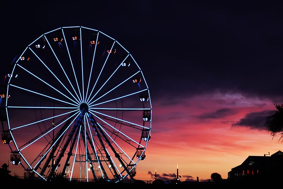 sunset, amusement park, park, ferris wheel, lights, night, dark, enjoy, amusement park ride, sky