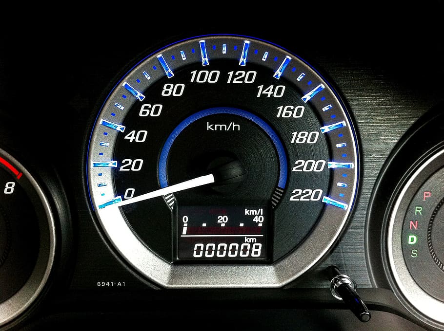 close-up photo, black, analog, instrumental, cluster panel, meter, the speedometer, 6 800 miles, pat car page, speed