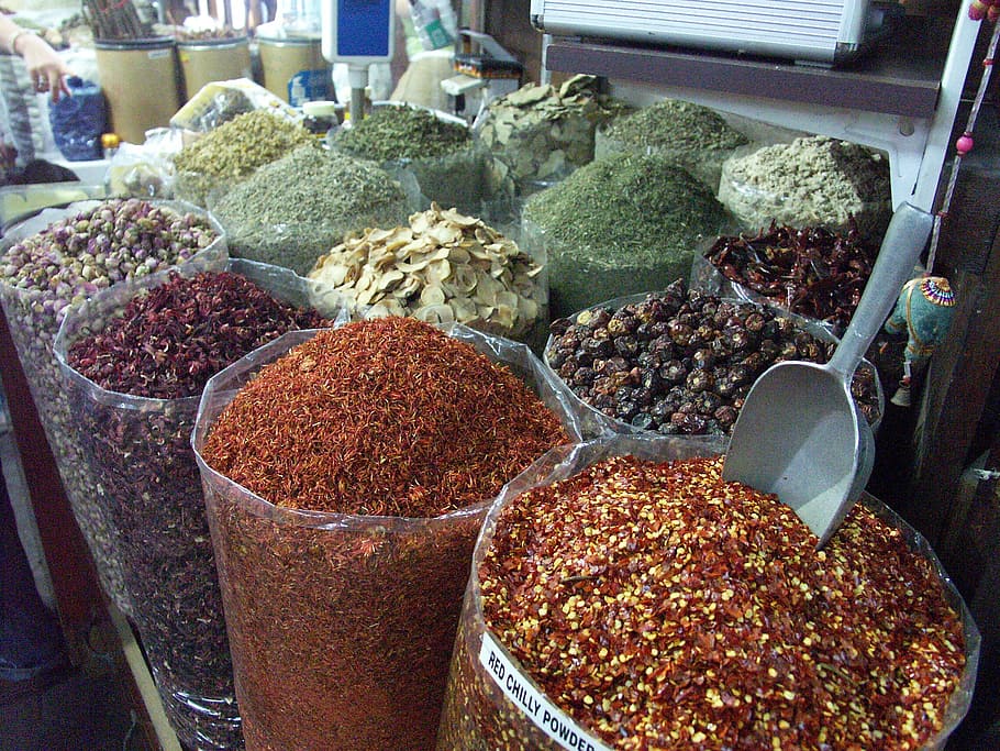 dubai, mercado, especias, compras, cocinar, exótico, oriental, comida, pimentón, seco