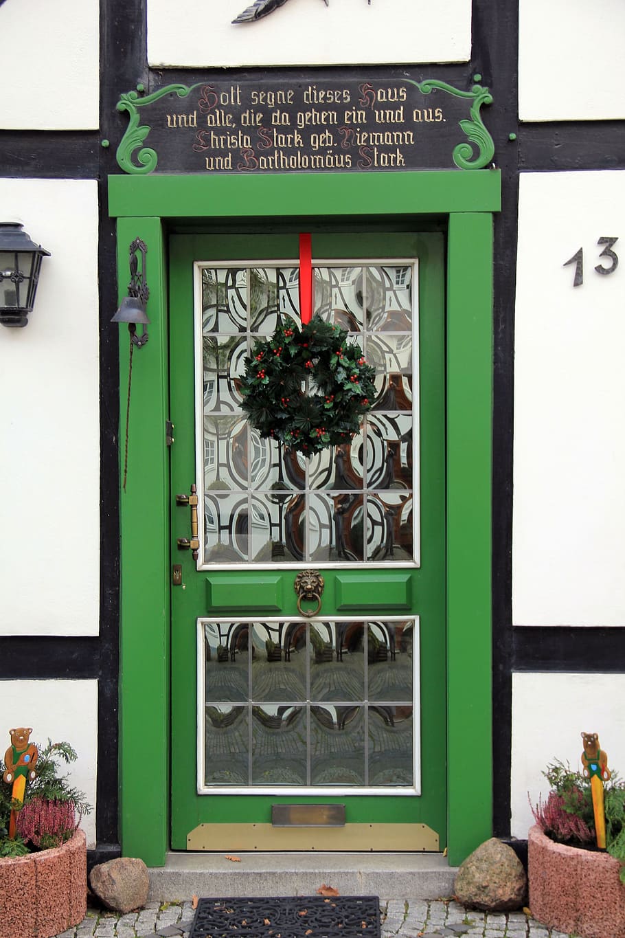 building, home, door, fachwerkhaus, truss, green, entrance door, christmas, door wreath, curtain