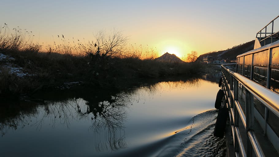 Sunset, North Korea, Winter, Yalu River, travel, landscape, transportation, reflection, water, lake