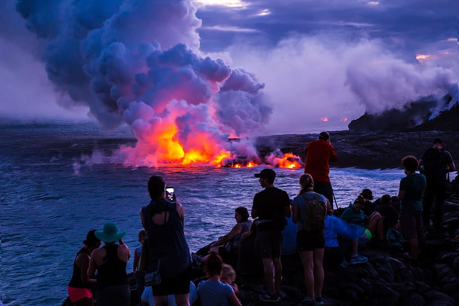 people, body, water, fire, body of water, volcano, sunset, volcanoes national park, hawaii, usa