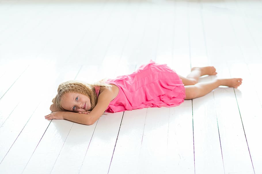 braided, blonde, girl, wearing, pink, dress, lying, floor, young, resting