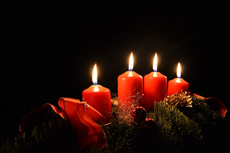 four, red, pillar candles, candles, christmas, advent, advent wreath, christmas time, candle, fire