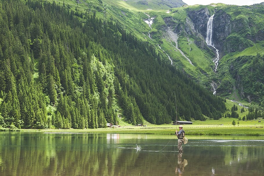 man fishing, man, camouflage, clothes, fishing, pond, daytime, mountain, highland, landscape
