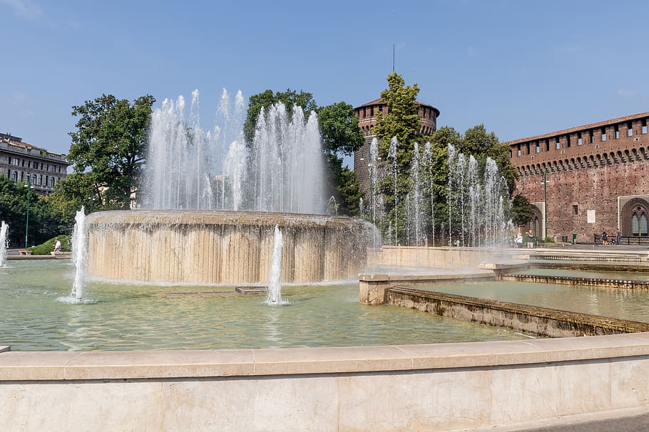 fontana, milan, italy, atmosphere, castle, piazza, italian, city, sky, water