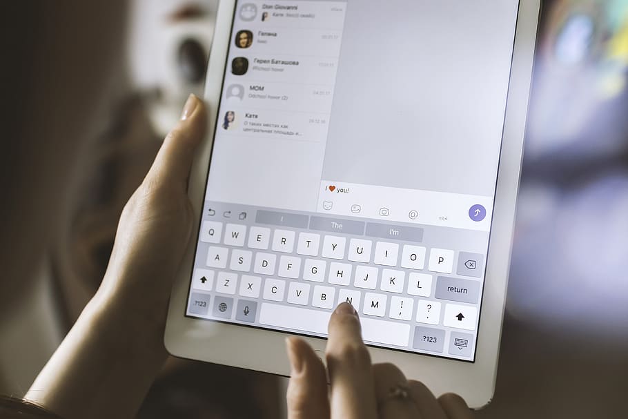branco, mostrando, teclado, iPad, tablet, maçã, amor, bate-papo, mensageiro, comunicação