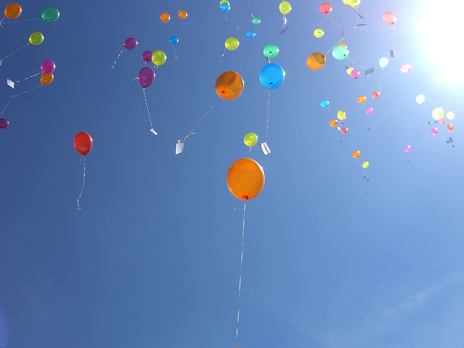 aneka, balon, pertengahan, udara, langit, biru, helium, mengepakkan, berwarna-warni, kedutaan