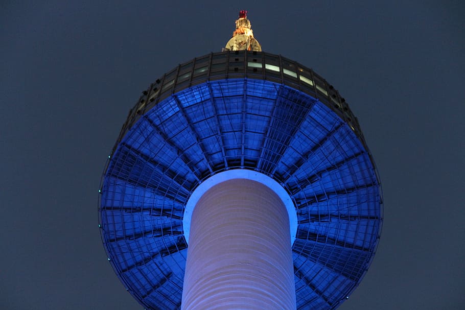 namsan, n seoul tower, seoul, republic of korea, namsan tower, night view, architecture, built structure, blue, sky