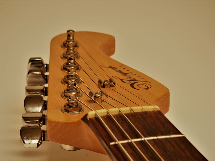 close-up photo, brown, guitar headstock, guitar head, guitar, strings, stringed instrument, musical instrument, music, eddy