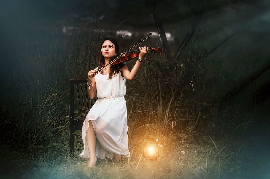 woman, white, scoop-neck sleeveless dress, holding, brown, violin, girl, playing, music, loyalty