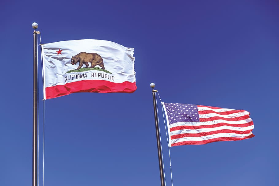 フラグ, カリフォルニア, カリフォルニア共和国, アメリカ国旗, カリフォルニア州旗, 手を振って, 風が強い, 風, 強風, 状態