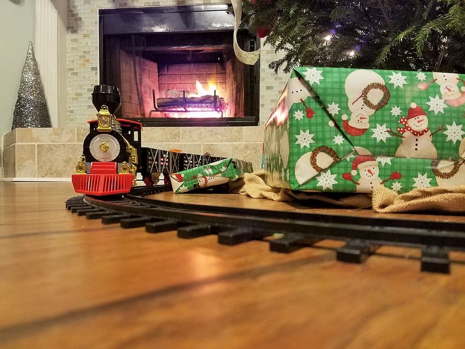Navidad, tren, presente, árbol, chimenea, infancia, feliz, estacional, diciembre, feriado