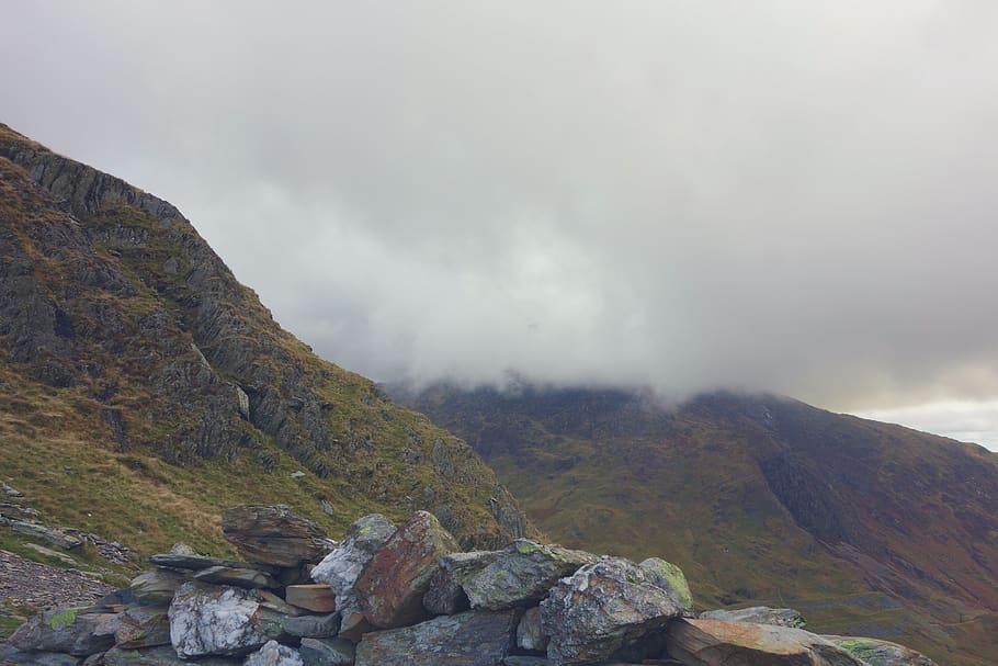 highland, mountain, rocks, grass, landscape, nature, clouds, ridge, beauty in nature, rock