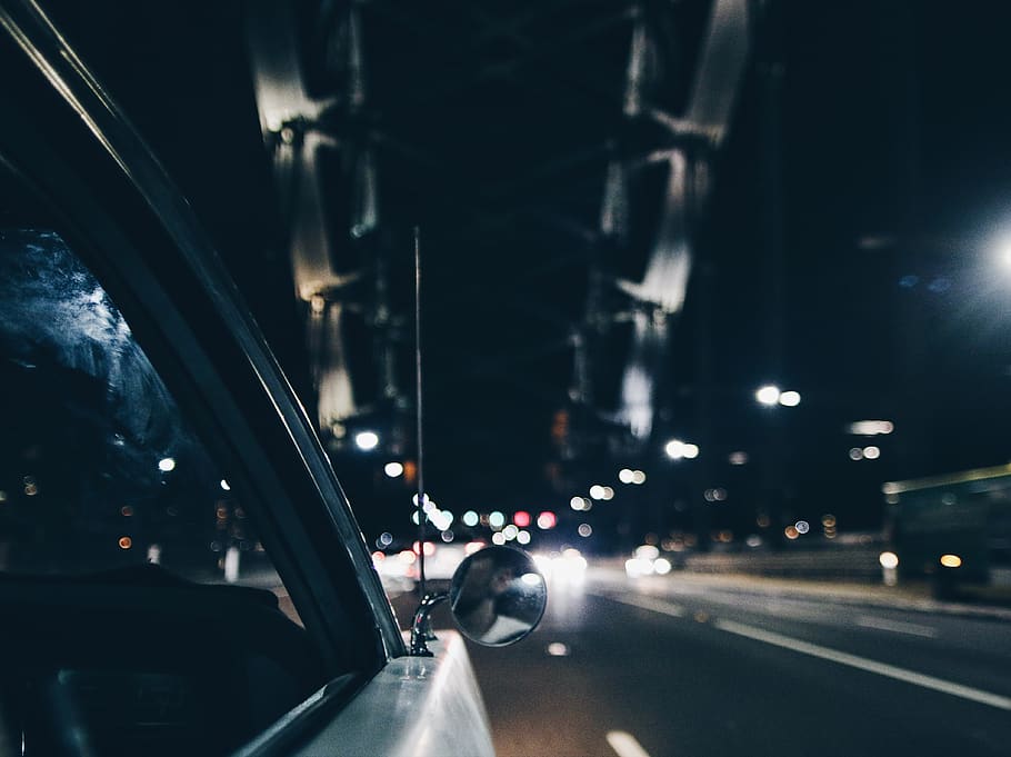 cidade, rua, estrada, carro, direção, espelho, luzes, escuro, noite, meio de transporte