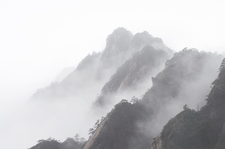 aerial, photography, gray, foggy, mountains, aerial photography, huangshan, winter, a surname mist, foggy road