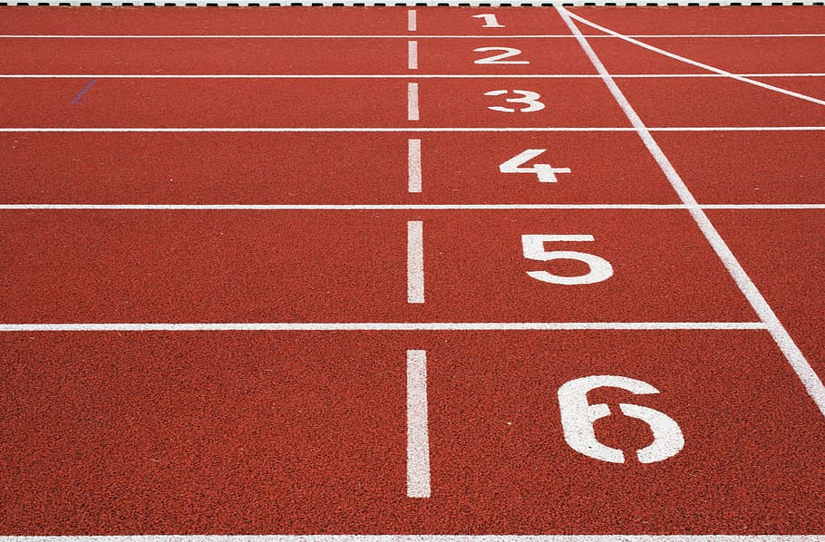 bidang trek merah, trek, lapangan, balapan, lari, olahraga, angka, mulai, selesai, olimpiade