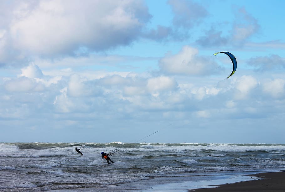 two, person parasailing, beach, steering kite sailing, kite sailors, kite surfing, kitesurfer, wind, sea, sport