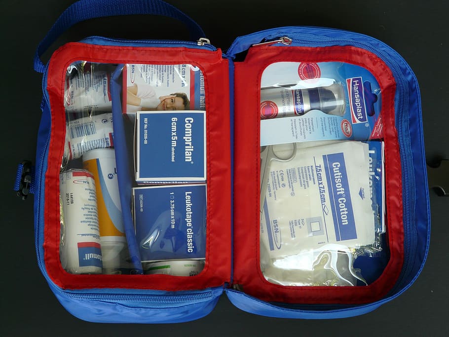 red, blue, fabric case, First Aid Kit, Kits, Medical, Patch, kits medical, first aid, red cross box