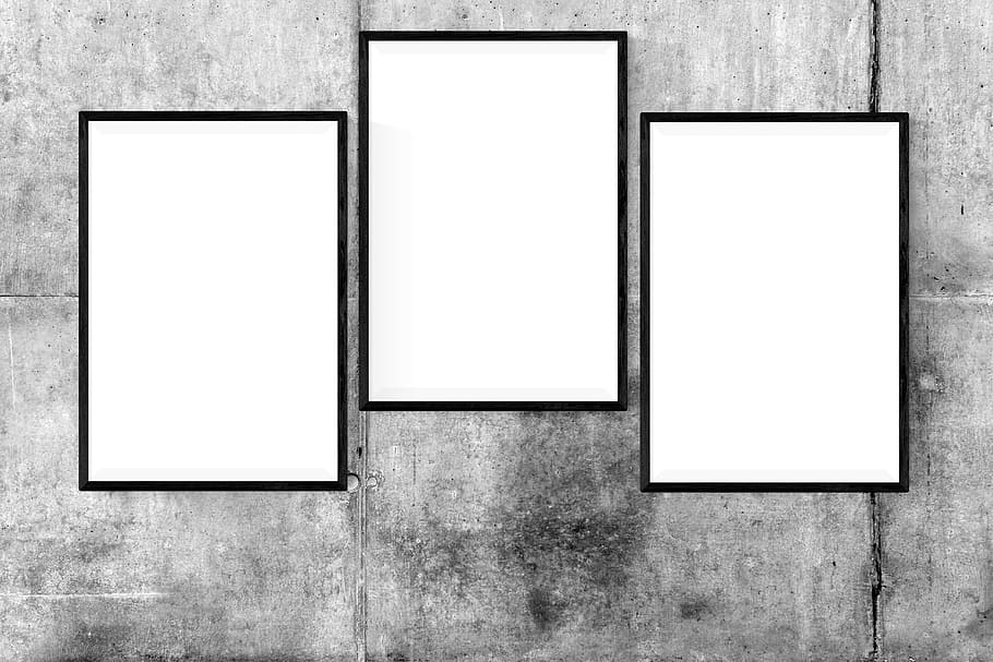 tiga, persegi panjang, putih, bingkai, poster, maket, dinding, gambar, interior, kosong