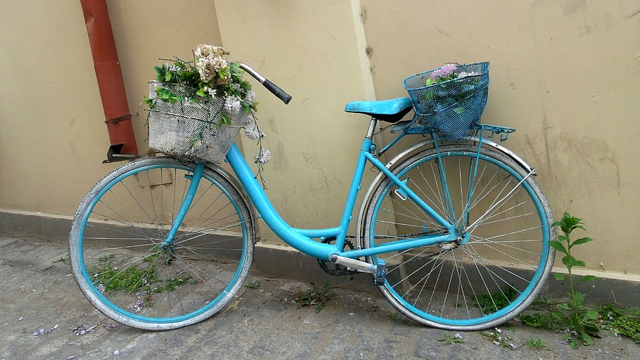 Bicicleta, Retro, Nostalgia, Viejo, azul, macizo de flores, decoración, calle, transporte, modo de transporte
