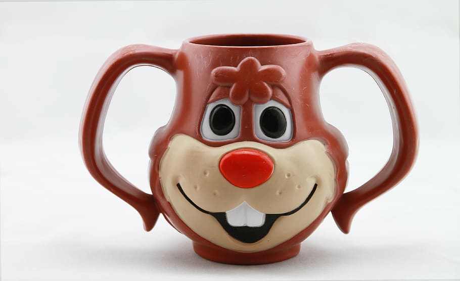 red, white, ceramic, dog vase, nestle quick mug front, vintage, memorabilia, children's mug, cartoon character, americana