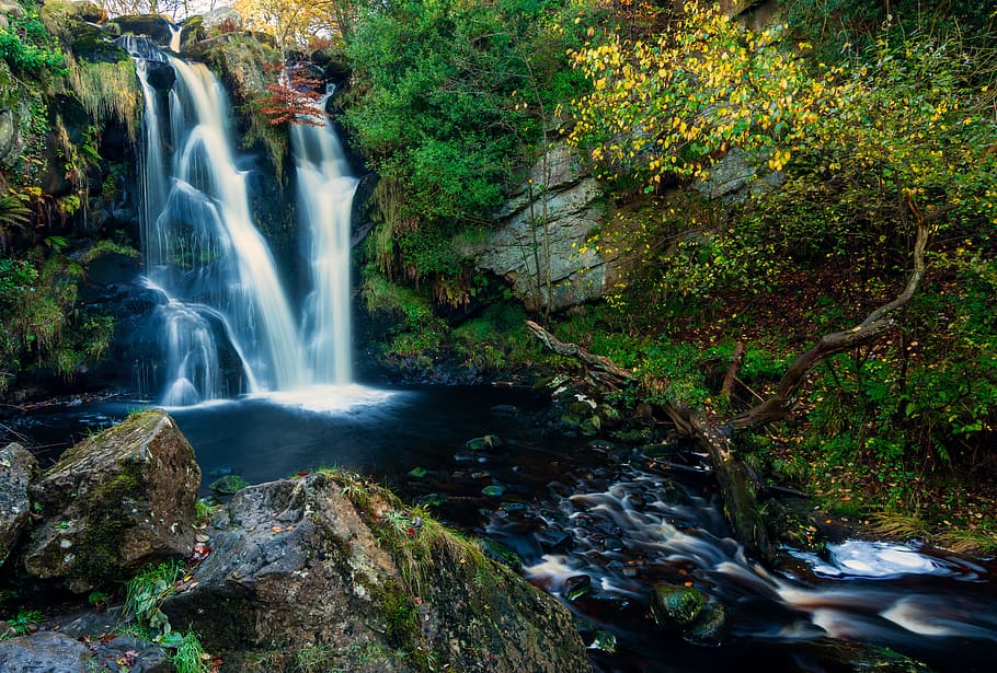 water, falls, tree, sky, valley of desolation, waterfall, yorkshire, bolton abbey, wharfedale, autumn