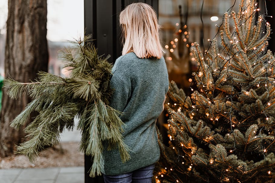 pine branches, pine, woman, christmas tree, tree, blonde, christmas, xmas, holiday, december