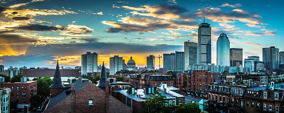 aéreo, foto, horizonte de la ciudad, amanecer, Boston, Massachusetts, horizonte, centro de la ciudad, urbano, paisaje urbano