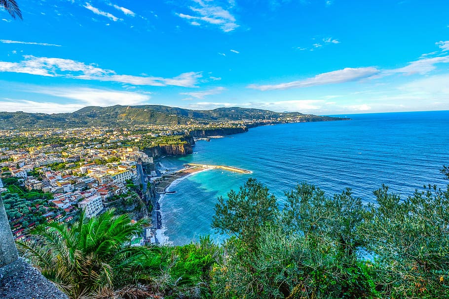 aerial, view photography, village, beach, mountain range, calming, sky, Amalfi, Sorrento, Italy, Coastline