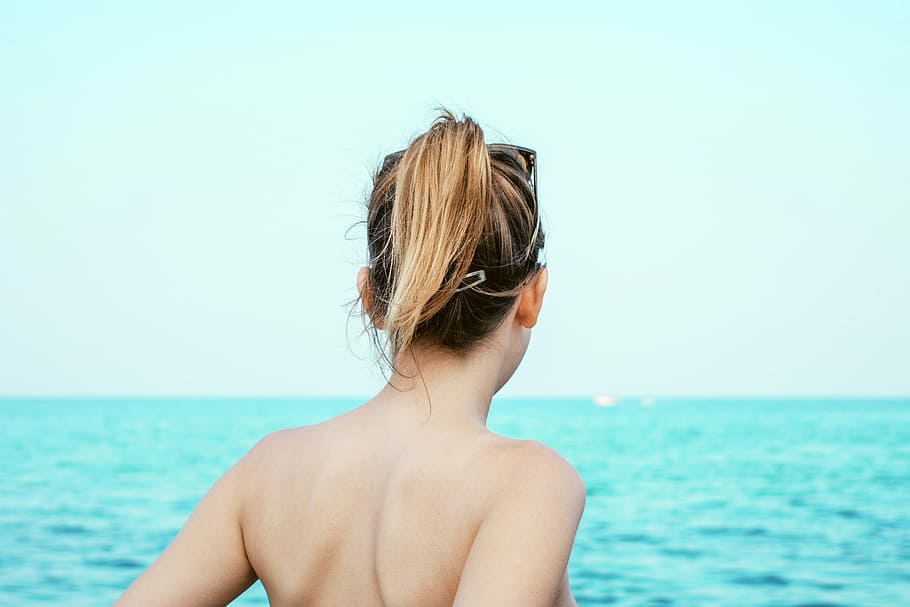 de volta, menina, praia, fotos, grécia, cabelo, domínio público, beira mar, água, mar