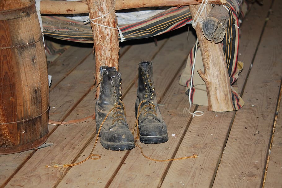 old boots, worn out, cabin, outback, australia, sheep herder, shack, wool, shoe, wood - material