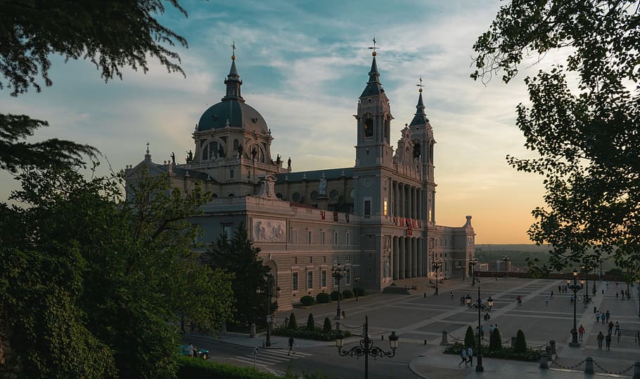 white, concrete, cathedral, park, madrid, spain, city, church, sunset, religion