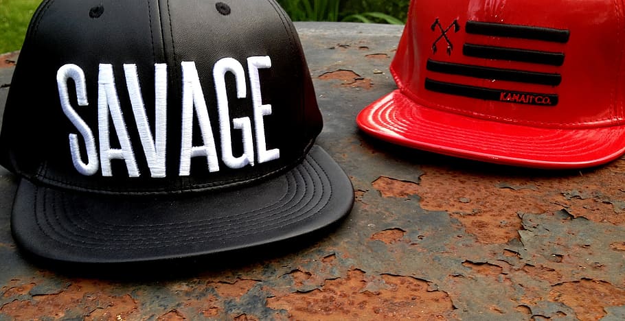 two, red, black, flat-brimmed caps, gray, surface, hats, savage, warrior, ancient