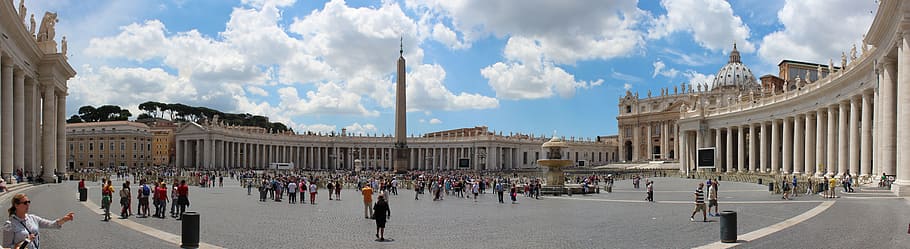 panoramic, photography, people gathering, brown, painted, building, daytime, Panoramic photography, people, vatican