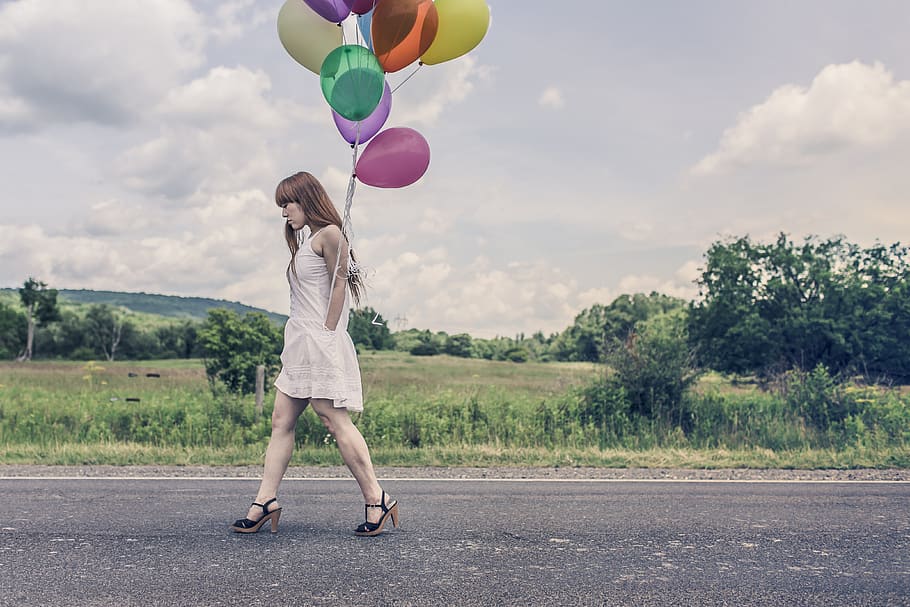 girl, woman, balloons, high heels, dress, legs, redhead, hair, walking, country