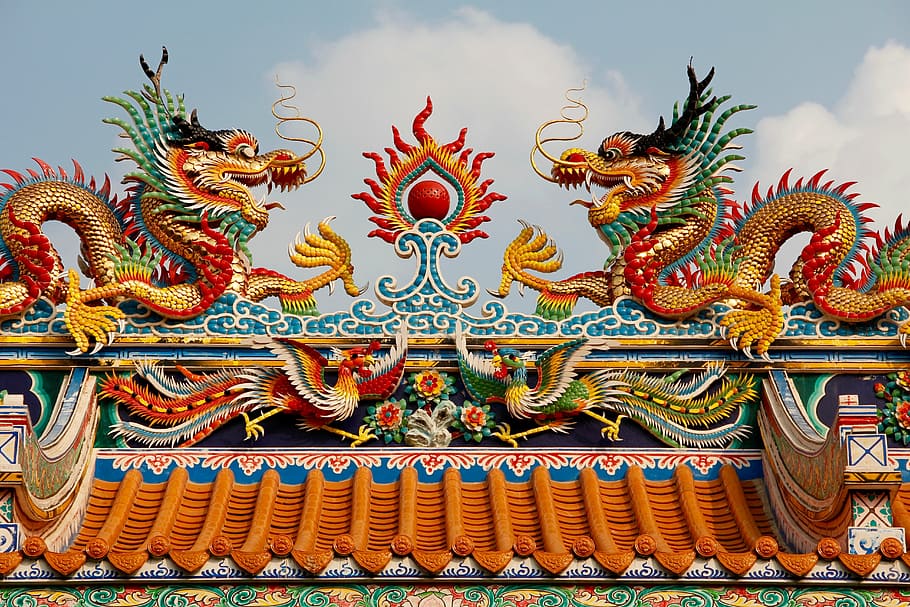 naranja, verde azulado, rojo, decoraciones de dragón, Tailandia, Bangkok, templo, techo, Asia, palacio
