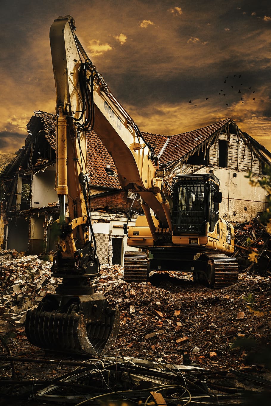 Escavadeiras, Demolição, Detritos, local, casa, trabalhos de demolição, trabalhos de construção, trabalho, entulho de construção, veículo de construção